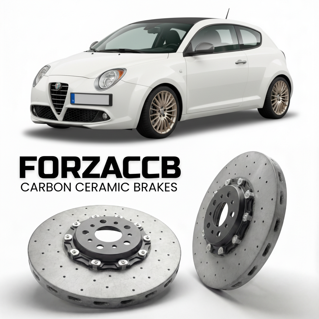 ForzaCCB direct OEM replacement carbon ceramic brake rotors for 2013 to 2016 Alfa Romeo MiTo facelift 2013 models, shown with a white Alfa Romeo MiTo car.