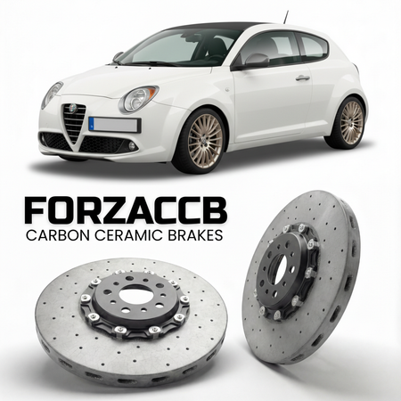ForzaCCB direct OEM replacement carbon ceramic brake rotors for 2013 to 2016 Alfa Romeo MiTo facelift 2013 models, shown with a white Alfa Romeo MiTo car.