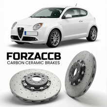 ForzaCCB direct OEM replacement carbon ceramic brake rotors for 2016 to 2018 Alfa Romeo MiTo facelift 2016 models, shown with a white Alfa Romeo MiTo car.