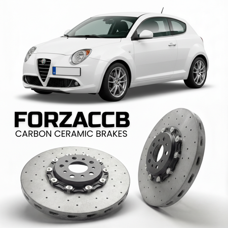 ForzaCCB direct OEM replacement carbon ceramic brake rotors for 2016 to 2018 Alfa Romeo MiTo facelift 2016 models, shown with a white Alfa Romeo MiTo car.