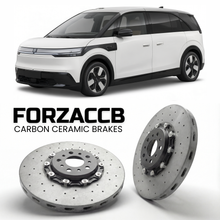 ForzaCCB direct OEM replacement carbon ceramic brake rotors for 2024 and newer Zeekr Mix models, shown with a white Zeekr Mix car.