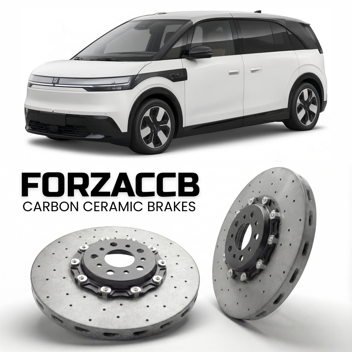 ForzaCCB direct OEM replacement carbon ceramic brake rotors for 2024 and newer Zeekr Mix models, shown with a white Zeekr Mix car.