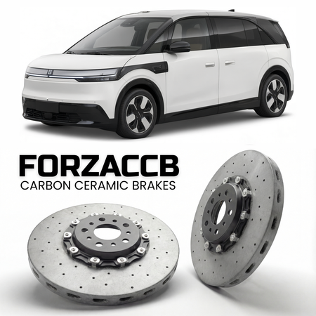 ForzaCCB direct OEM replacement carbon ceramic brake rotors for 2024 and newer Zeekr Mix models, shown with a white Zeekr Mix car.