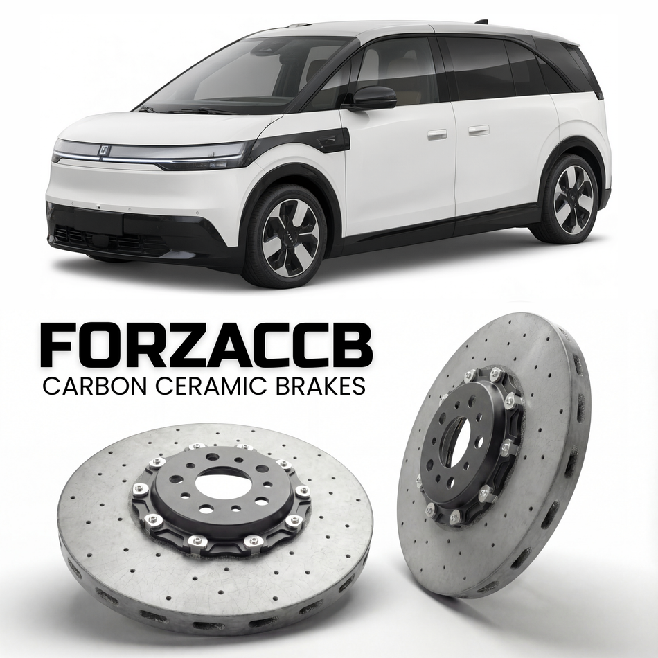 ForzaCCB direct OEM replacement carbon ceramic brake rotors for 2024 and newer Zeekr Mix models, shown with a white Zeekr Mix car.