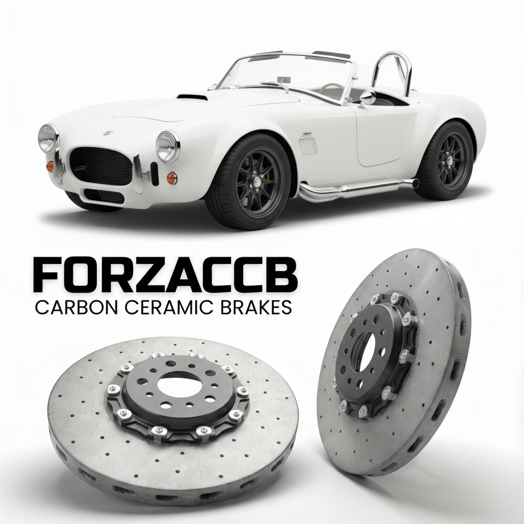 ForzaCCB direct OEM replacement carbon ceramic brake rotors for 2015 to 2026 Factory Five Racing Mk4 Roadster models, shown with a white Factory Five Racing Mk4 Roadster car.