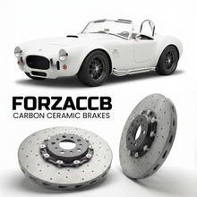 ForzaCCB direct OEM replacement carbon ceramic brake rotors for 2015 to 2026 Factory Five Racing Mk4 Roadster models, shown with a white Factory Five Racing Mk4 Roadster car.