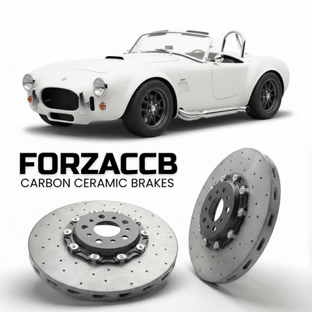 ForzaCCB direct OEM replacement carbon ceramic brake rotors for 2015 to 2026 Factory Five Racing Mk4 Roadster models, shown with a white Factory Five Racing Mk4 Roadster car.