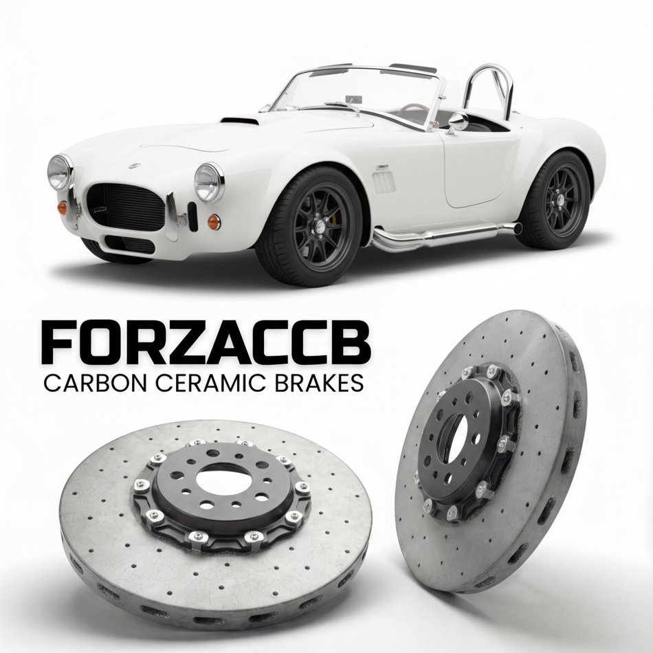 ForzaCCB direct OEM replacement carbon ceramic brake rotors for 2015 to 2026 Factory Five Racing Mk4 Roadster models, shown with a white Factory Five Racing Mk4 Roadster car.