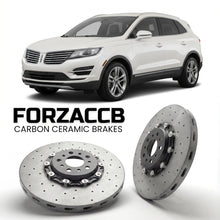 ForzaCCB direct OEM replacement carbon ceramic brake rotors for 2014 to 2017 Lincoln MKC models, shown with a white Lincoln MKC car.