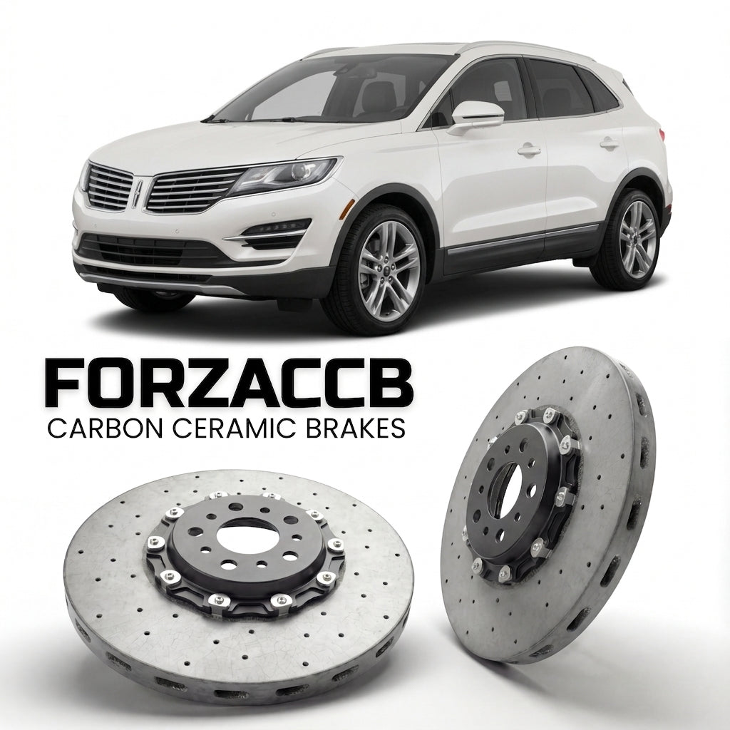 ForzaCCB direct OEM replacement carbon ceramic brake rotors for 2014 to 2017 Lincoln MKC models, shown with a white Lincoln MKC car.