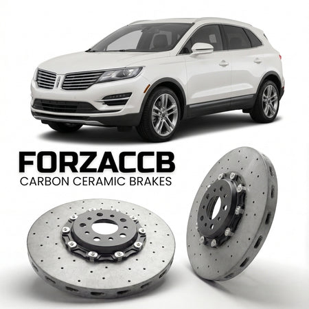 ForzaCCB direct OEM replacement carbon ceramic brake rotors for 2014 to 2017 Lincoln MKC models, shown with a white Lincoln MKC car.