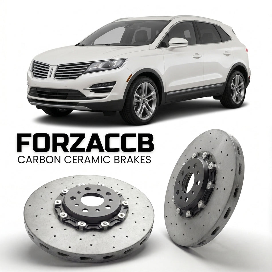 ForzaCCB direct OEM replacement carbon ceramic brake rotors for 2014 to 2017 Lincoln MKC models, shown with a white Lincoln MKC car.