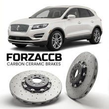 ForzaCCB direct OEM replacement carbon ceramic brake rotors for 2018 and newer Lincoln MKC facelift 2019 models, shown with a white Lincoln MKC car.