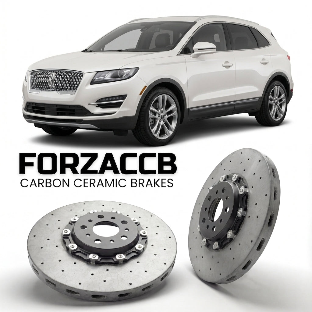 ForzaCCB direct OEM replacement carbon ceramic brake rotors for 2018 and newer Lincoln MKC facelift 2019 models, shown with a white Lincoln MKC car.