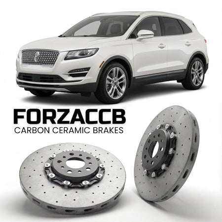 ForzaCCB direct OEM replacement carbon ceramic brake rotors for 2018 and newer Lincoln MKC facelift 2019 models, shown with a white Lincoln MKC car.