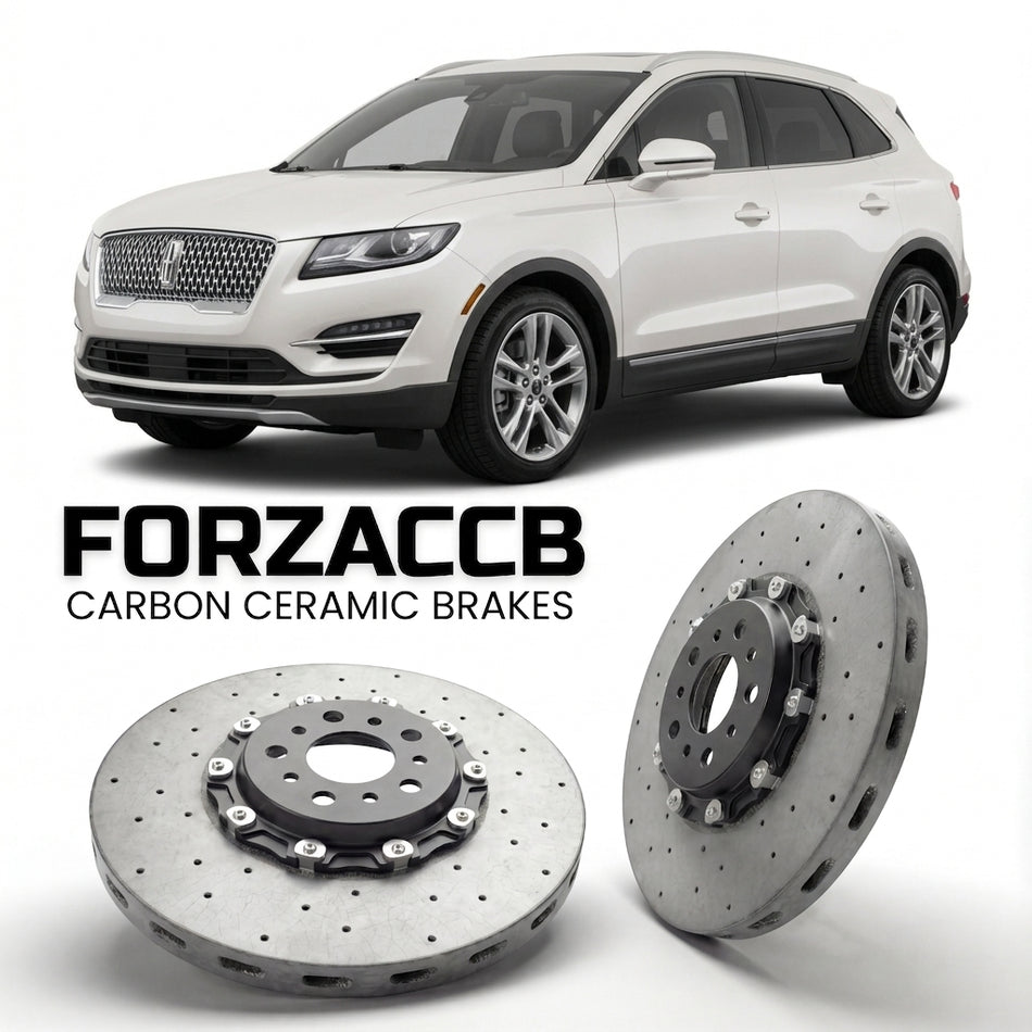 ForzaCCB direct OEM replacement carbon ceramic brake rotors for 2018 and newer Lincoln MKC facelift 2019 models, shown with a white Lincoln MKC car.