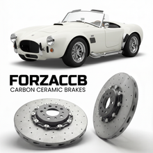 ForzaCCB direct OEM replacement carbon ceramic brake rotors for 1993 to 2026 Superformance MKIII models, shown with a white Superformance MKIII car.