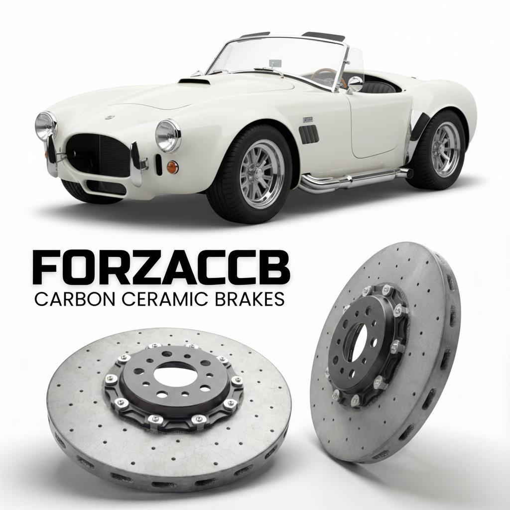 ForzaCCB direct OEM replacement carbon ceramic brake rotors for 1993 to 2026 Superformance MKIII models, shown with a white Superformance MKIII car.