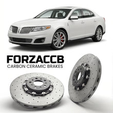 ForzaCCB direct OEM replacement carbon ceramic brake rotors for 2009 to 2012 Lincoln MKS models, shown with a white Lincoln MKS car.