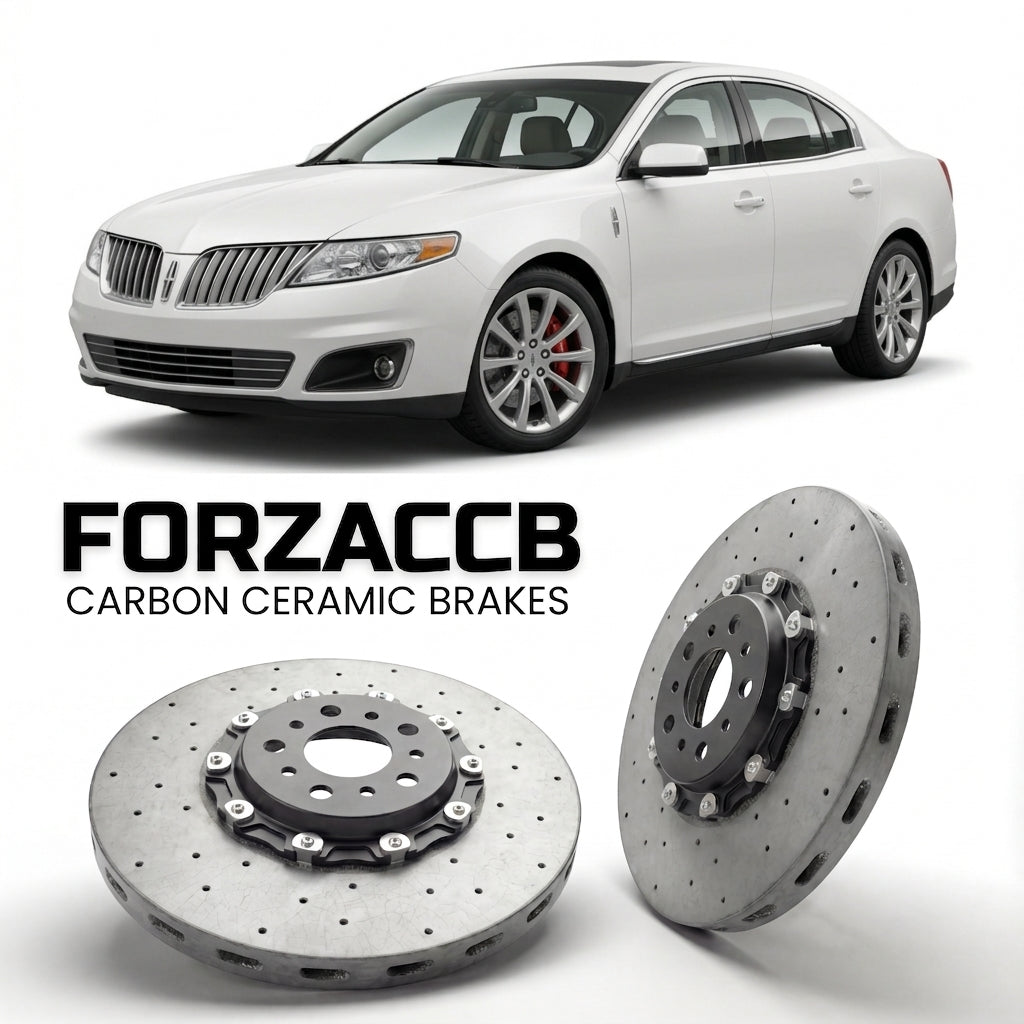 ForzaCCB direct OEM replacement carbon ceramic brake rotors for 2009 to 2012 Lincoln MKS models, shown with a white Lincoln MKS car.