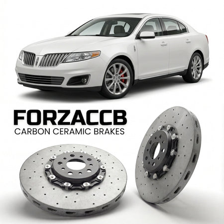 ForzaCCB direct OEM replacement carbon ceramic brake rotors for 2009 to 2012 Lincoln MKS models, shown with a white Lincoln MKS car.