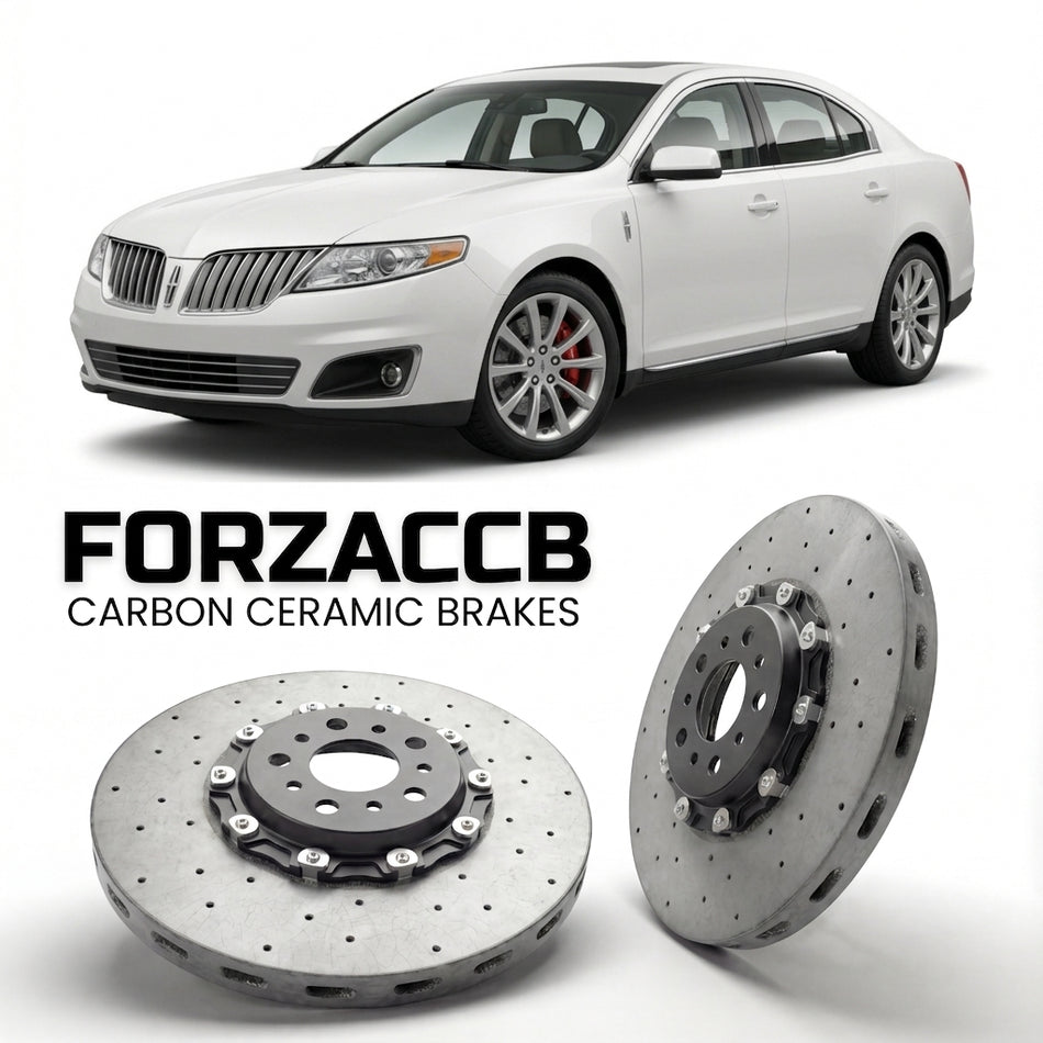 ForzaCCB direct OEM replacement carbon ceramic brake rotors for 2009 to 2012 Lincoln MKS models, shown with a white Lincoln MKS car.