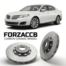 ForzaCCB direct OEM replacement carbon ceramic brake rotors for 2012-2016) Lincoln MKS I (facelift 2013 models, shown with a white Lincoln MKS car.