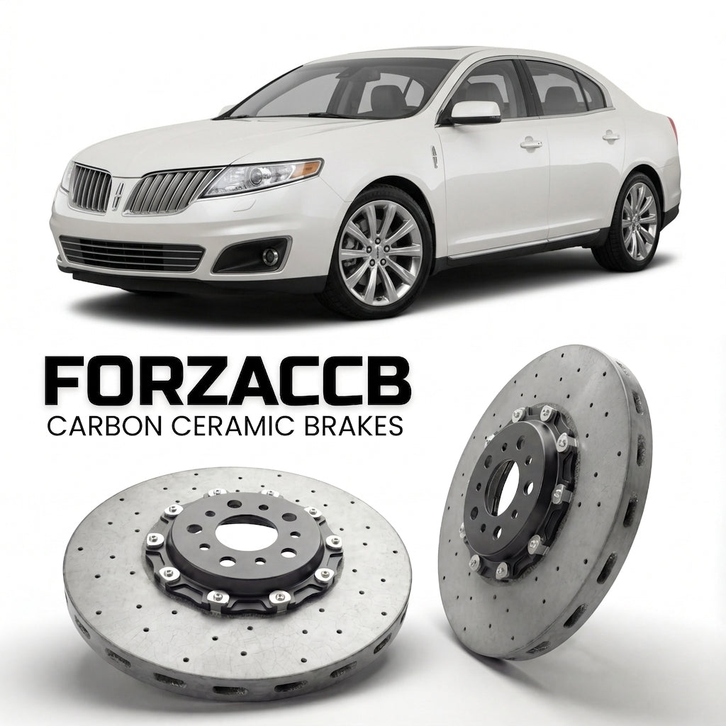ForzaCCB direct OEM replacement carbon ceramic brake rotors for 2012-2016) Lincoln MKS I (facelift 2013 models, shown with a white Lincoln MKS car.