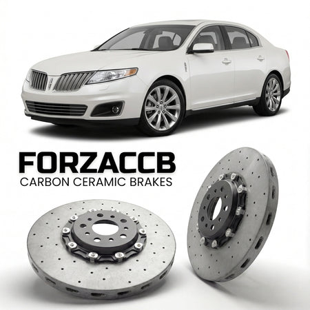 ForzaCCB direct OEM replacement carbon ceramic brake rotors for 2012-2016) Lincoln MKS I (facelift 2013 models, shown with a white Lincoln MKS car.