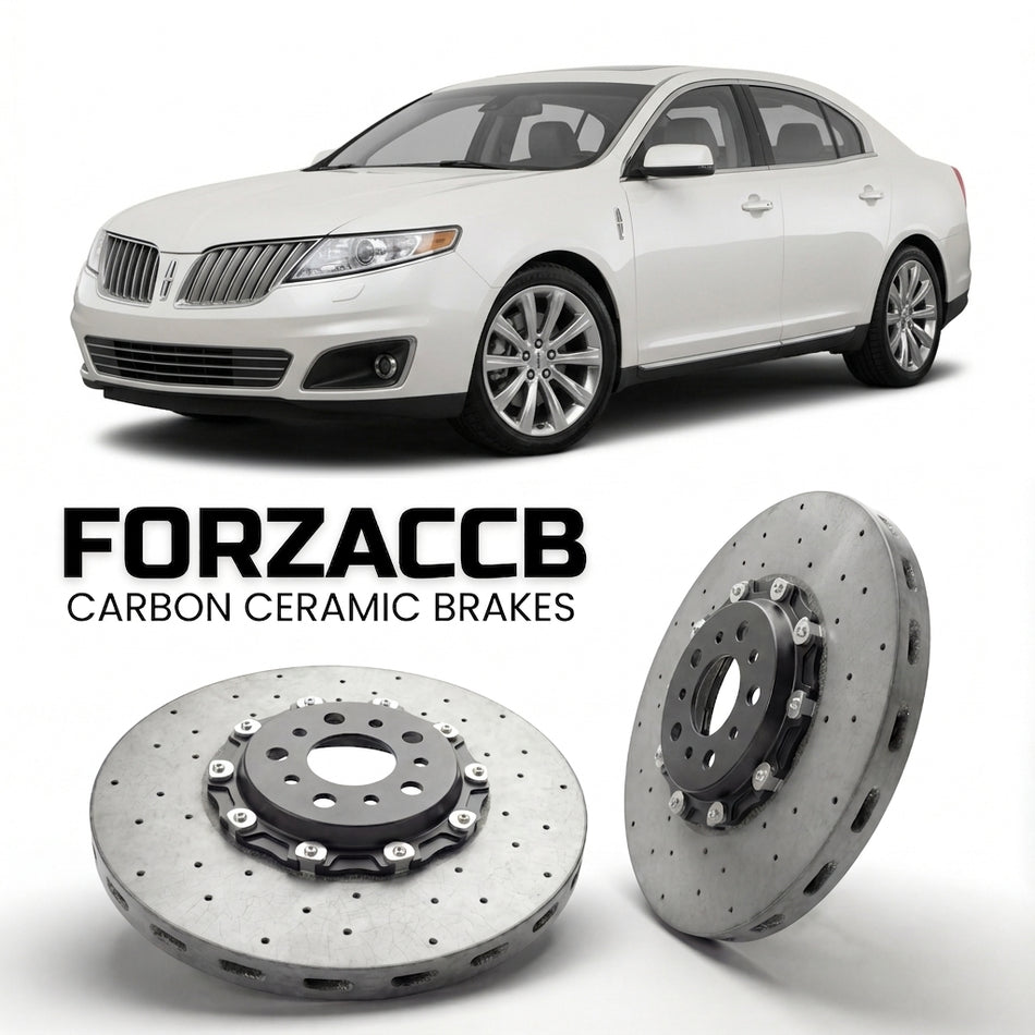 ForzaCCB direct OEM replacement carbon ceramic brake rotors for 2012-2016) Lincoln MKS I (facelift 2013 models, shown with a white Lincoln MKS car.