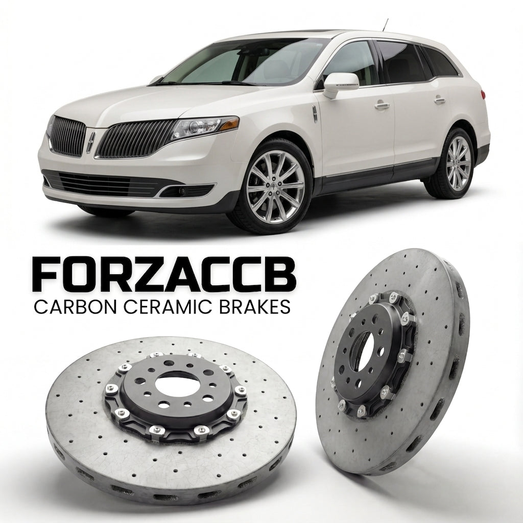 ForzaCCB direct OEM replacement carbon ceramic brake rotors for 2009 to 2012 Lincoln MKT models, shown with a white Lincoln MKT car.