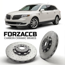 ForzaCCB direct OEM replacement carbon ceramic brake rotors for 2009 to 2012 Lincoln MKT models, shown with a white Lincoln MKT car.