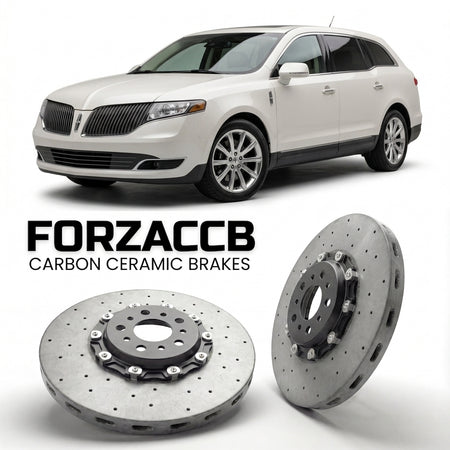 ForzaCCB direct OEM replacement carbon ceramic brake rotors for 2009 to 2012 Lincoln MKT models, shown with a white Lincoln MKT car.