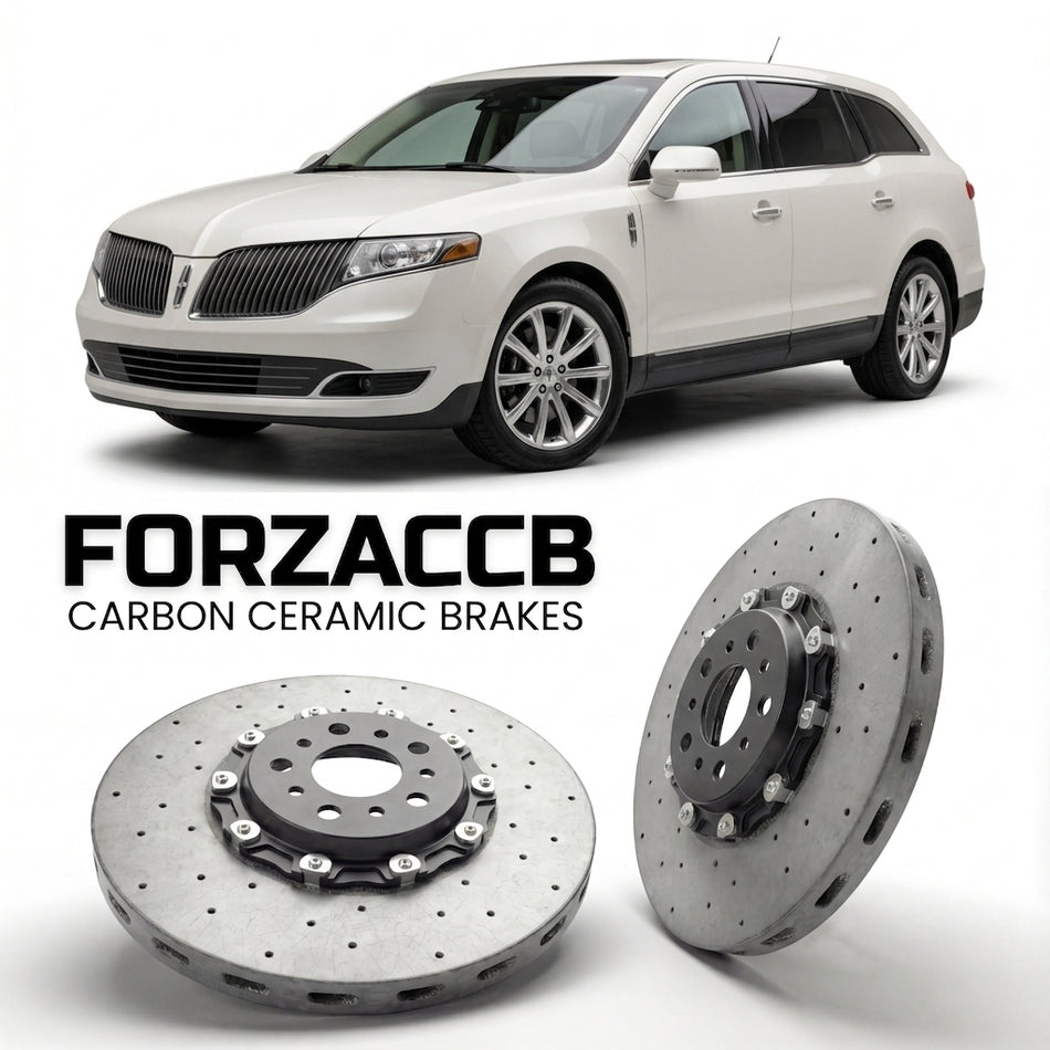 ForzaCCB direct OEM replacement carbon ceramic brake rotors for 2009 to 2012 Lincoln MKT models, shown with a white Lincoln MKT car.