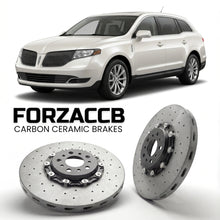 ForzaCCB direct OEM replacement carbon ceramic brake rotors for 2012-2016) Lincoln MKT I (facelift 2013 models, shown with a white Lincoln MKT car.