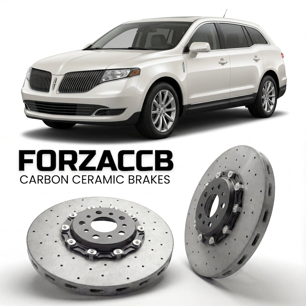ForzaCCB direct OEM replacement carbon ceramic brake rotors for 2012-2016) Lincoln MKT I (facelift 2013 models, shown with a white Lincoln MKT car.