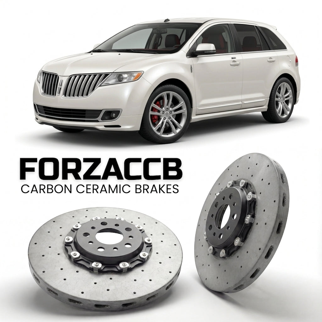 ForzaCCB direct OEM replacement carbon ceramic brake rotors for 2006 to 2010 Lincoln MKX models, shown with a white Lincoln MKX car.