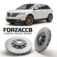 ForzaCCB direct OEM replacement carbon ceramic brake rotors for 2011-2015) Lincoln MKX I (facelift 2011 models, shown with a white Lincoln MKX car.