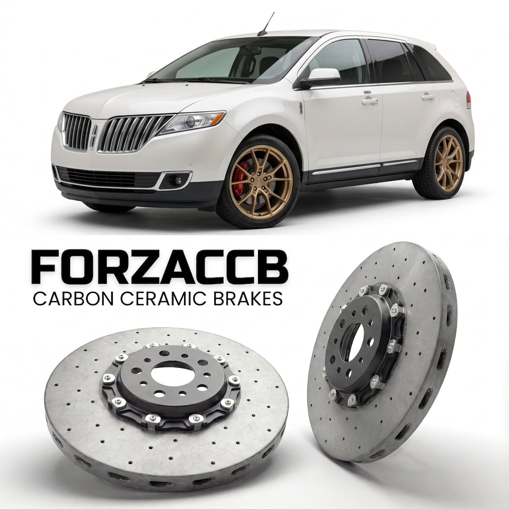 ForzaCCB direct OEM replacement carbon ceramic brake rotors for 2011-2015) Lincoln MKX I (facelift 2011 models, shown with a white Lincoln MKX car.