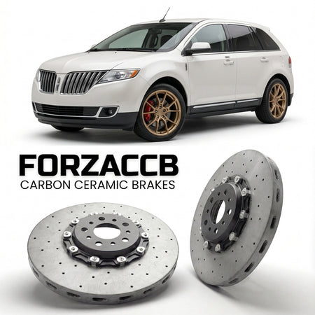 ForzaCCB direct OEM replacement carbon ceramic brake rotors for 2011-2015) Lincoln MKX I (facelift 2011 models, shown with a white Lincoln MKX car.