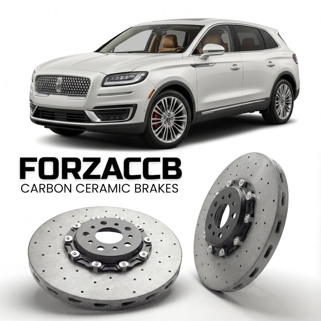 ForzaCCB direct OEM replacement carbon ceramic brake rotors for 2015 to 2018 Lincoln MKX II models, shown with a white Lincoln MKX car.