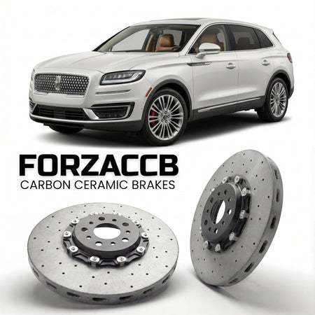 ForzaCCB direct OEM replacement carbon ceramic brake rotors for 2015 to 2018 Lincoln MKX II models, shown with a white Lincoln MKX car.