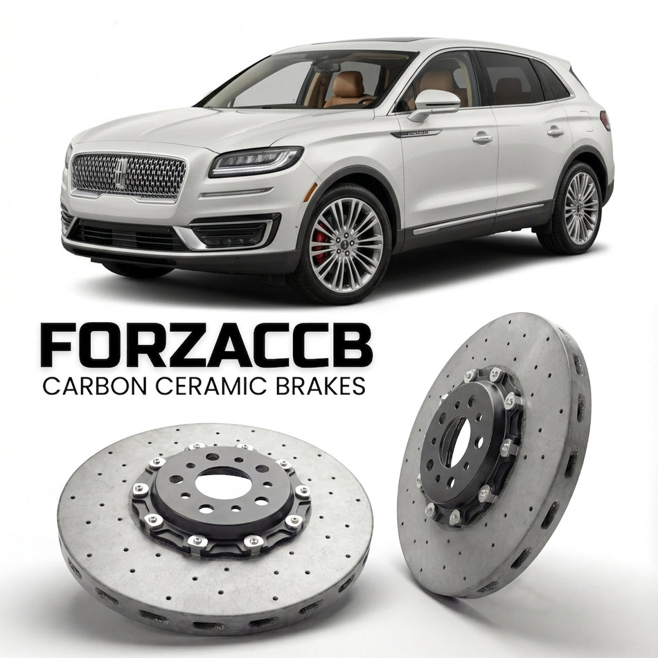 ForzaCCB direct OEM replacement carbon ceramic brake rotors for 2015 to 2018 Lincoln MKX II models, shown with a white Lincoln MKX car.