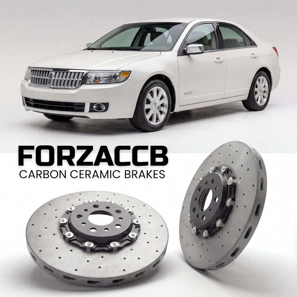 ForzaCCB direct OEM replacement carbon ceramic brake rotors for 2006 to 2009 Lincoln MKZ models, shown with a white Lincoln MKZ car.