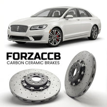 ForzaCCB direct OEM replacement carbon ceramic brake rotors for 2012 to 2016 Lincoln MKZ II models, shown with a white Lincoln MKZ car.