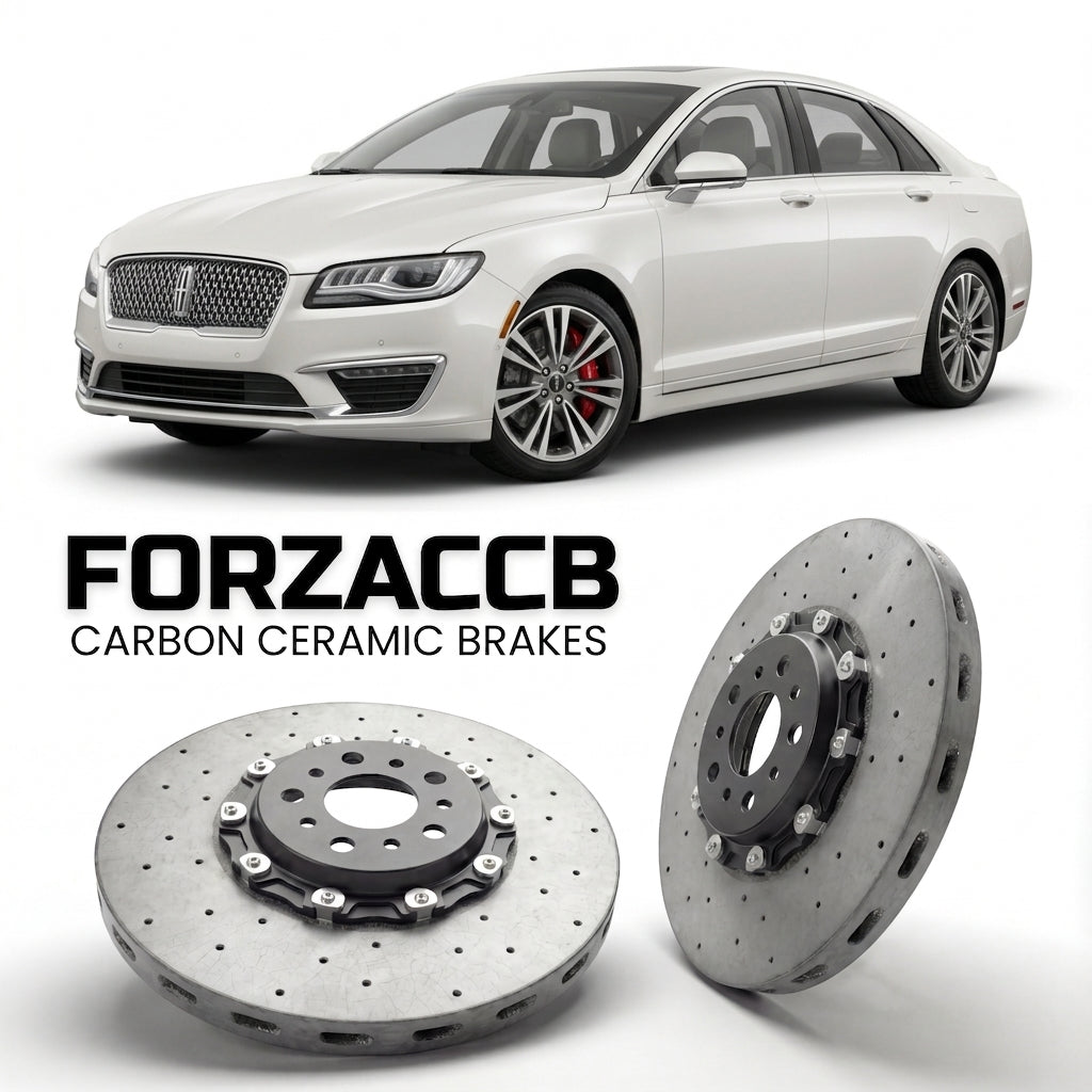 ForzaCCB direct OEM replacement carbon ceramic brake rotors for 2012 to 2016 Lincoln MKZ II models, shown with a white Lincoln MKZ car.