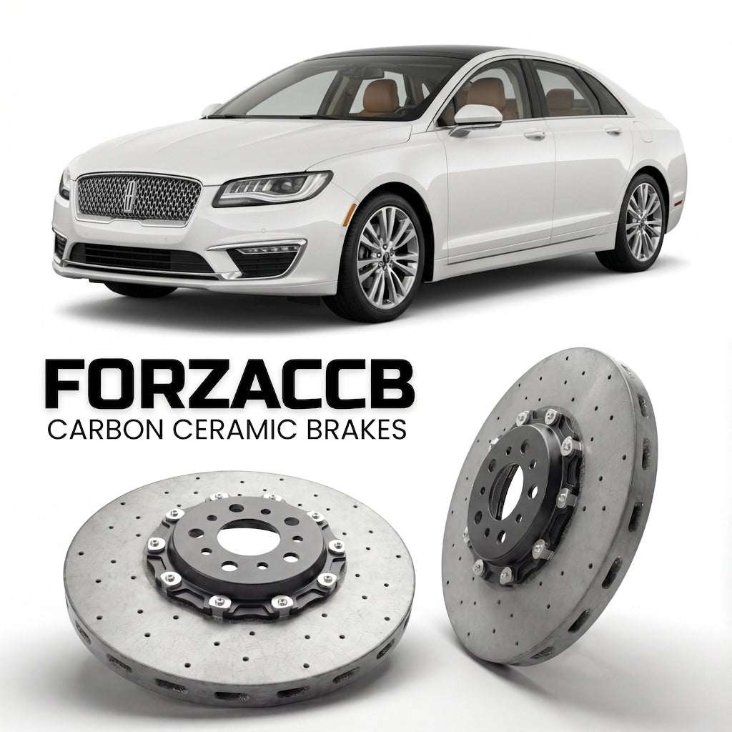 ForzaCCB direct OEM replacement carbon ceramic brake rotors for 2016-2020) Lincoln MKZ II (facelift 2017 models, shown with a white Lincoln MKZ car.