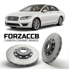 ForzaCCB direct OEM replacement carbon ceramic brake rotors for 2016-2020) Lincoln MKZ II (facelift 2017 models, shown with a white Lincoln MKZ car.