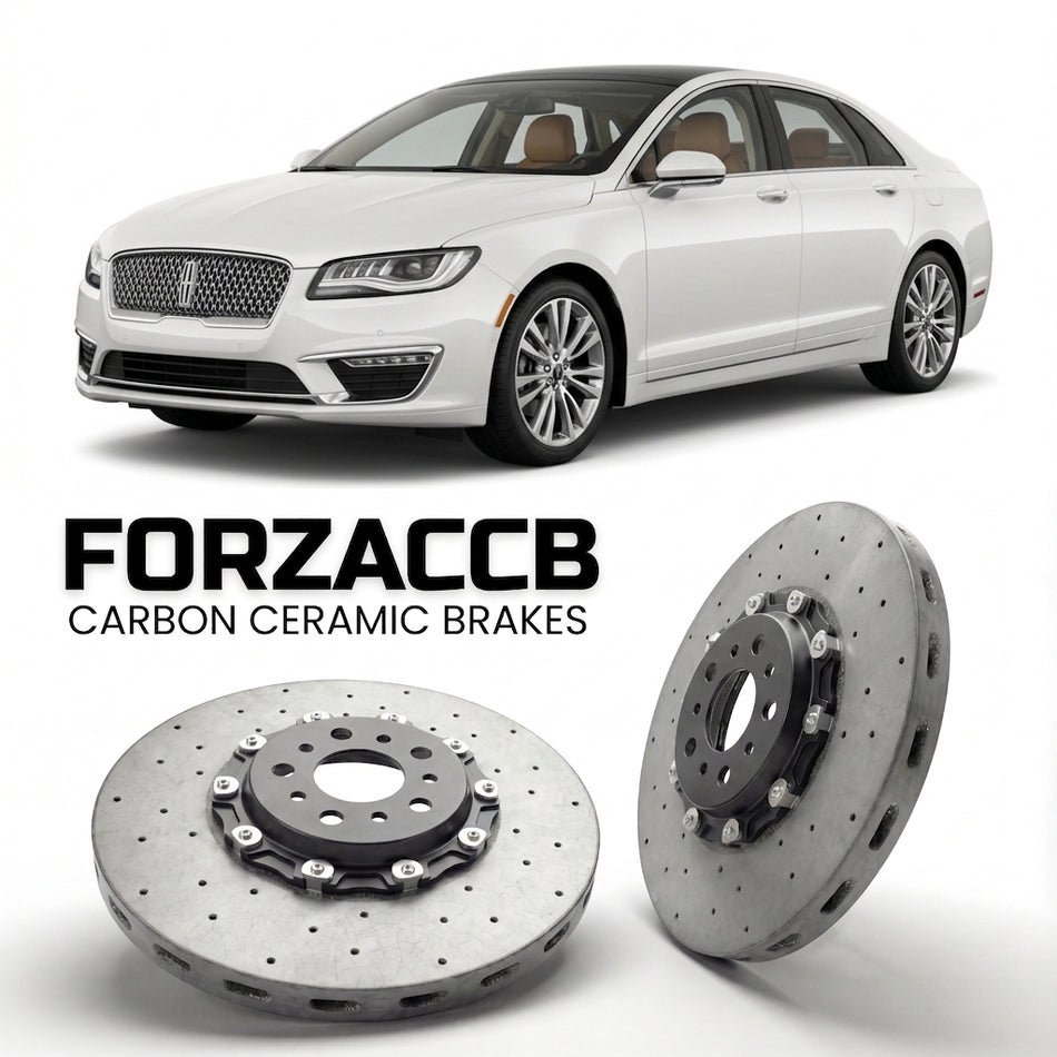 ForzaCCB direct OEM replacement carbon ceramic brake rotors for 2016-2020) Lincoln MKZ II (facelift 2017 models, shown with a white Lincoln MKZ car.