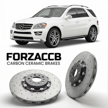 ForzaCCB direct OEM replacement carbon ceramic brake rotors for 2006 to 2011 Mercedes-Benz ML 63 AMG W164 models, shown with a white Mercedes-Benz ML 63 AMG car.